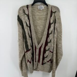Vintage Sears Roebuck Hand Knit Cardigan Sweater XL Beige 3D Knit Grandpa Hip